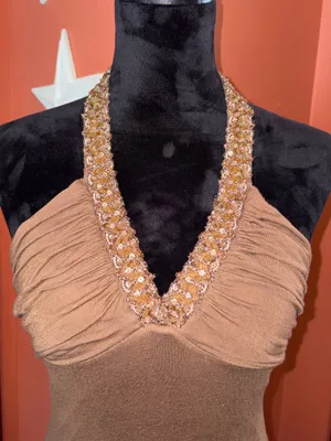 Vintage Y2K To The Max V-Neck Brown Halter Dress with Beaded + Sequin Trim thumbnail 2