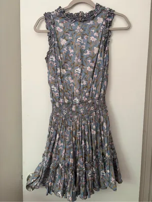 Anna Cate Dusty Blue Floral V-Neck Smocked Waist Sleeveless Dress thumbnail 4