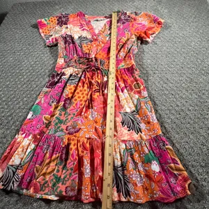 LOFT Floral Mini Dress Womens MP Pink Orange Patchwork Smocked V-Neck Tropical thumbnail 9