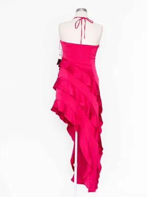 Adrianna Papell - Halter-Neck Ruffled Satin High-Low Gown thumbnail 3