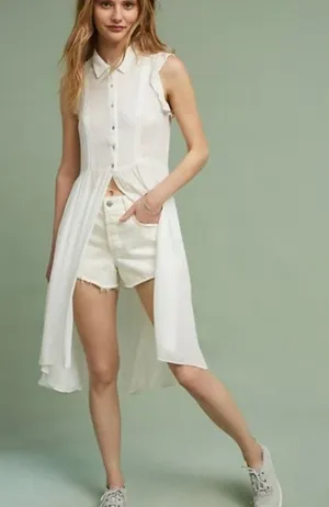 Anthropologie Yolanda Ivory Pleated Tunic Sleeveless Button Up Blouse Women's XS thumbnail 1
