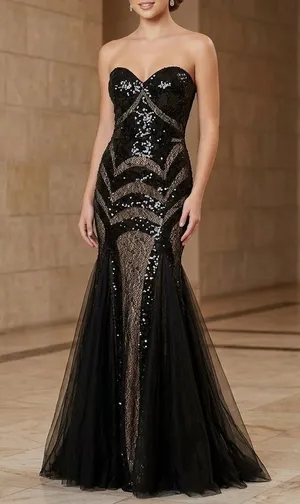 NWT Jovani Strapless Black Sequin Lace Tulle Mermaid Evening Dress Size 2 thumbnail 1