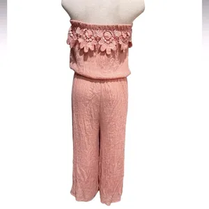 Kings Road Pink Strapless Jumpsuit Capri Lace Ruffle Size M thumbnail 4