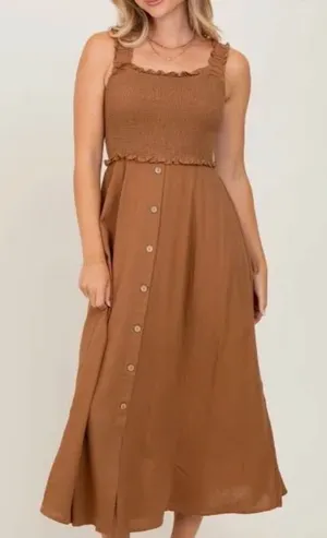 Wishlist Smocked Sleeveless Button Down Midi Dress Brown Large NWT IN PKG thumbnail 1