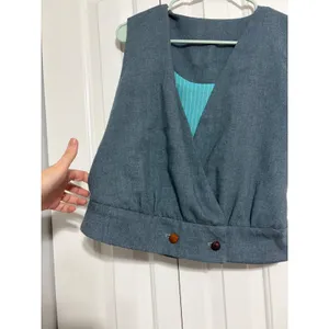 Vintage Wrap Front Cropped Vest Slate Blue Teal Pinstripe Lining Woven Buttons thumbnail 2