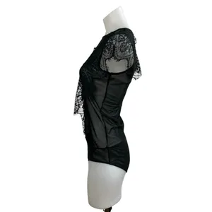Zara Women's Black Lace Sheer Mesh Ruffle High Neck Cap Sleeves Bodysuit Top S thumbnail 2