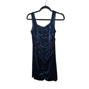 Free‎ Press Velour Velvet Mini Dress M Navy Blue Ruched Party Shimmer Glam NWT thumbnail 2