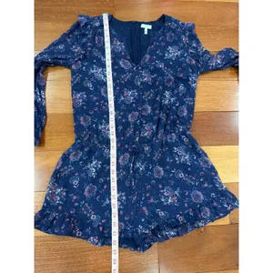 Joie Romper Womens Navy Blue Floral Ruffle Long Sleeve V-Neck Size M thumbnail 6
