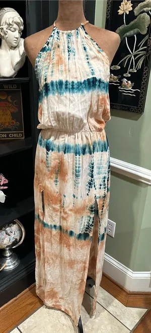Blue Life Double Slit Halter Dress – Tan & Blue Tie Dye – Size Small thumbnail 1