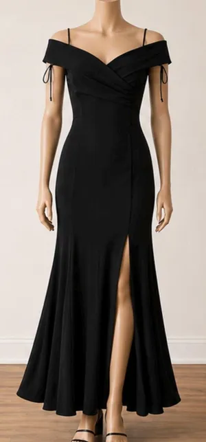 Nightway Black Off Shoulder Evening Gown Size 8 Tall Formal Dress Front Slit thumbnail 1