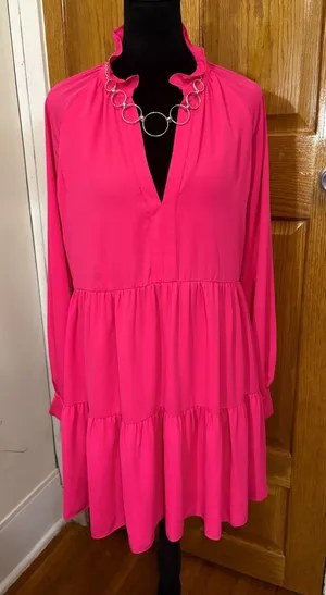 Amanda Uprichard M Pink Ruffle Neck Tiered Mini Dress thumbnail 1