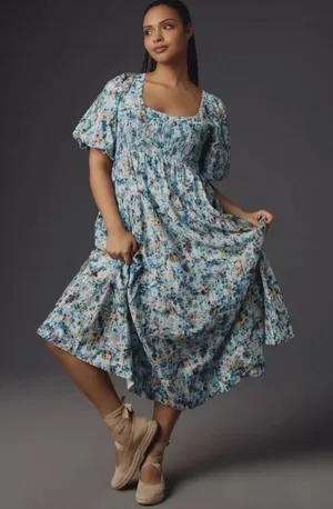 Anthropologie Floral Print Blue Midi Dress Puff‎ Sleeve Smocked Casual Size XS thumbnail 1