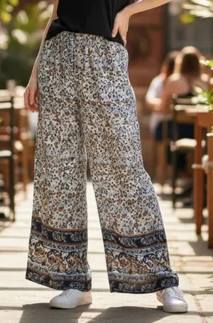 Indero Blue Floral Wide Leg Boho Pull On‎ Straight Leg Trousers Pant L/XL thumbnail 1