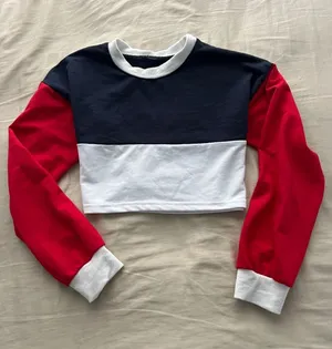 Cropped Colorblock Long-Sleeve Top in Navy, White & Red thumbnail 1