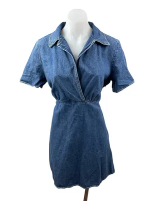 & Other Stories Womens Blue Denim Belted Short Sleeve Mini Flare A-Line Dress 10 thumbnail 1