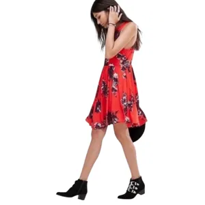 Free People Red Floral Flutterby Sleeveless Pleated Swing Dress 12 thumbnail 2