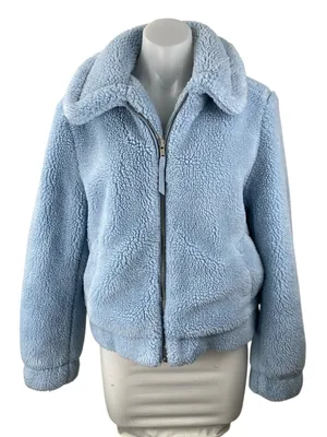 Gap Blue Sherpa Fleece Wide Collar Full Zip Long Sleeve Bomber Coat Jacket Sz S thumbnail 1