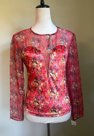 Vintage Yes Clothing Red Floral‎ Mesh Velvet y2k whimsi boho dainty Top M NWT thumbnail 1