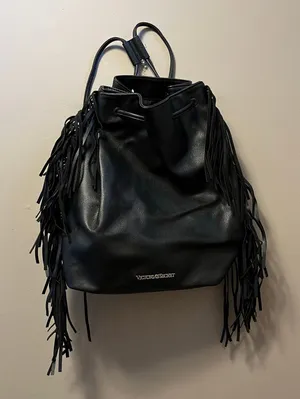 Victoria’s Secret Black‎ Faux Leather Fringe Backpack Boho Shoulder Bag thumbnail 1