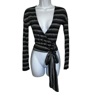 FREE PEOPLE Always With Me Striped Black Gray Wrap Tie Crop Top EUC Size‎ Small thumbnail 2