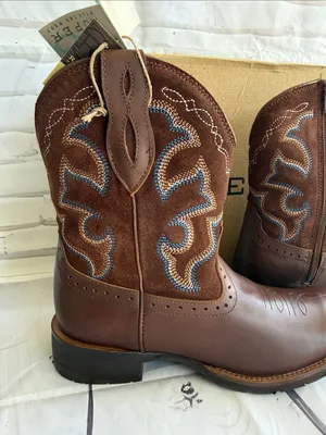 Roper Brown Leather Western Boots with Blue and Cream Embroidery thumbnail 7