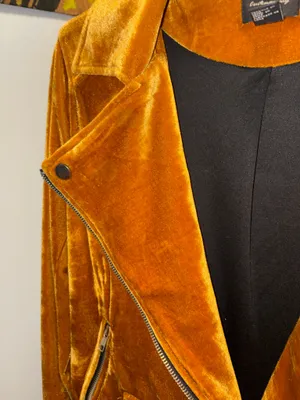 Forever 21 Velvet Moto Jacket Mustard Marigold Cropped Biker Size Small thumbnail 7