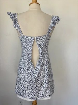 Blue & White Floral Summer Linen Blend. Mini Dress thumbnail 6