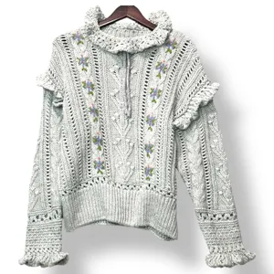 Zara Grey Knit Sweater Floral Embroidered Ruffle Collar S Twee Cottagecore Boho thumbnail 2