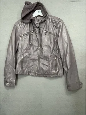 J2 Women’s M Gray Hooded Full Zip Jacket Pockets Long Sleeve Short Faux Leather thumbnail 2
