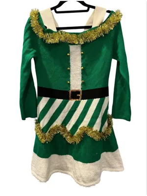 Elf Ugly Christmas Sweater Dress Cold Shoulder Green White Tinsel Trim Small thumbnail 1