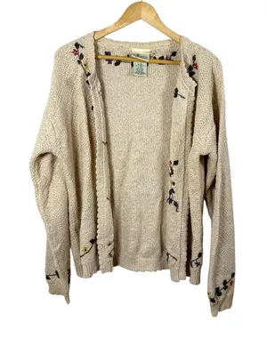 VINTAGE Cottage Essentials Women’s Chunky Knit Floral Cardigan Beige Multi L thumbnail 1