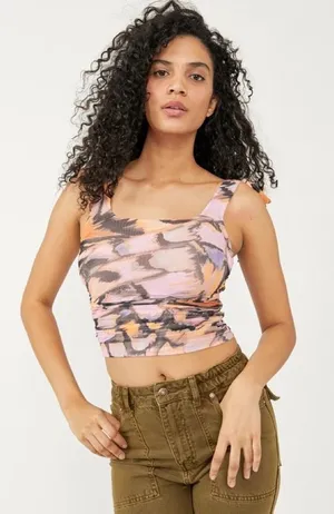 FREE PEOPLE‎ Avenue Tank Top Tie Shoulders Scoop Neck Pink Combo Retro Medium thumbnail 1