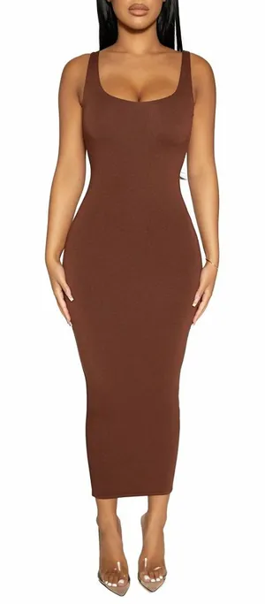 Naked Wardrobe Midi Sculpt Tank Dress Mocha Brown New Plus Size 3X 3 NWT thumbnail 1