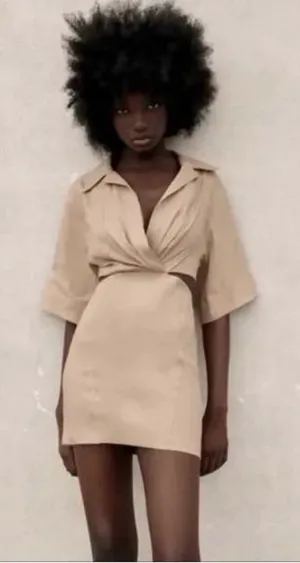 Zara Beige Pleated Short Sleeve Dress thumbnail 1