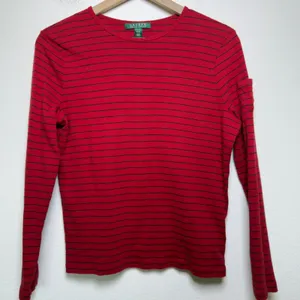 Lauren Ralph Lauren Women Cotton Top M Red Striped Long Sleeve Pocket‎ Preppy thumbnail 1