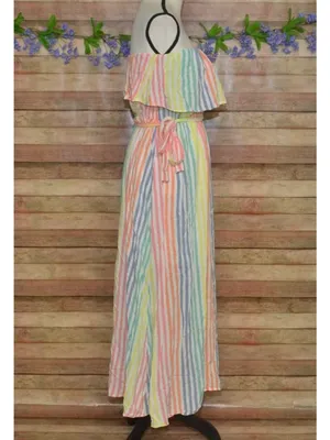 Emily Wonder Strapless Rainbow Stripe Ruffle Maxi Dress Size L Cruise Resort thumbnail 5