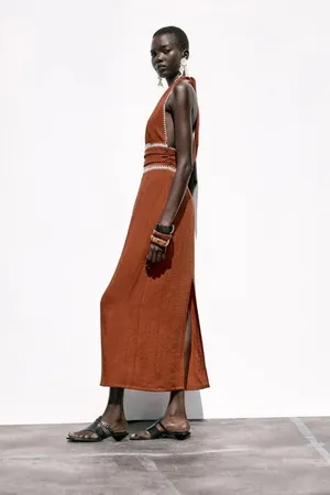 Zara Sleeveless V-Neck Brown Cotton Bohemian Maxi Dress thumbnail 9