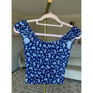 Wild Love Crop Top Blue‎ Ditsy Floral Smocked Off-Shoulder Cottagecore Feminine thumbnail 3