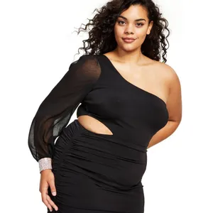 City Studios Trendy Plus Size One-Shoulder Bodycon Dress 8415GP9PD1 Black 1X thumbnail 3