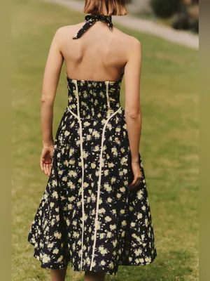 By Anthropologie Halter V-Neck Fit & Flare Midi Dress Yellow Floral NWT thumbnail 3