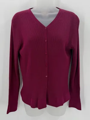 Talbots Silk Cardigan Sweater Womens M Cranberry Burgundy Ribbed Button Front LS thumbnail 1