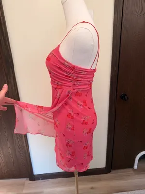 Urban Outfitters pink cherry pattern lace deep neckline slip dress thumbnail 8