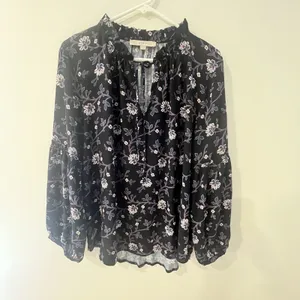 Loft Size L‎ Navy Floral Tie-Neck Blouse Long Sleeve thumbnail 2