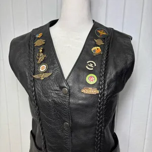 Unik Vintage Motorcycle Black Leather Vest with Unique Pins Size L‎ thumbnail 6