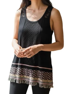 Miss me boho embroidered studded fringe bottom lace back tank top thumbnail 1