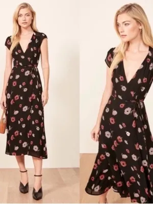Reformation Carina Wrap Midi Dress Black Floral Viscose V Neck thumbnail 2