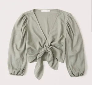NWT Abercrombie & Fitch Sage Green Tie Front Puff Sleeve Crop Top sz Small thumbnail 11