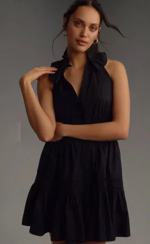 Anthropologie Black V-Neck Belted Halter Mini Dress Size Small thumbnail 1