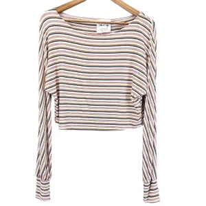 Sadie & Sage Womens M Crop Top Long Sleeves Ribbed Striped Cream‎ Blue Tan Rust thumbnail 2