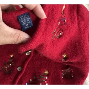 Karen Scott Red 100% Wool VintageCardigan Sweater Sequin Embroidered Tree M Crew thumbnail 10